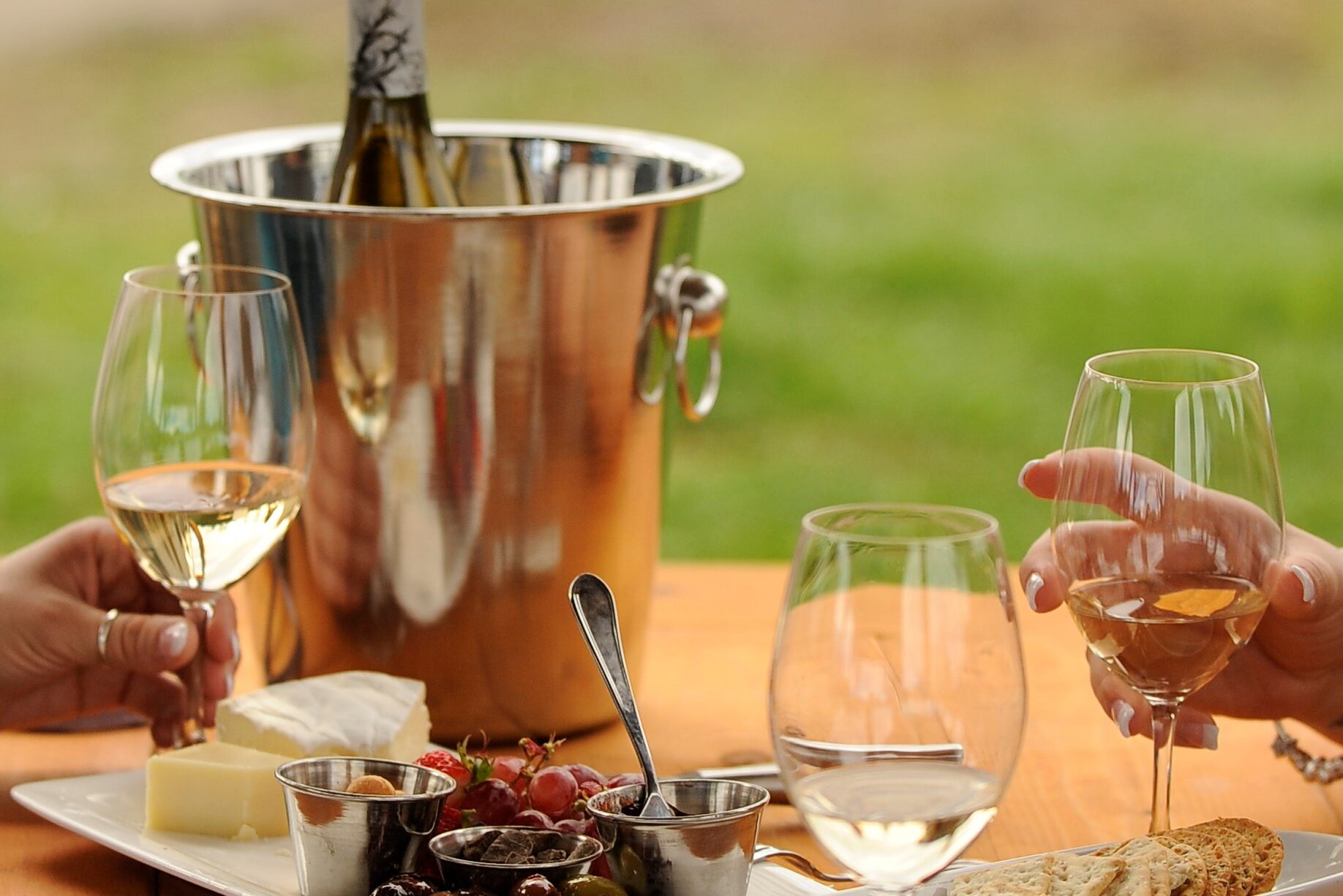 A close-up shot of a picnic table outdoors, with several wine glasses, a charcuterie board, and a wine bottle in an ice bucket.