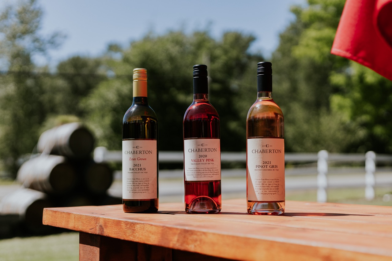 Three wine bottles sit atop a picnic table outdoors.
