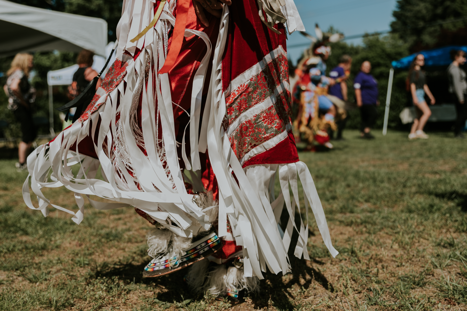 A close-up of traditional Indigenous regalia during movement.